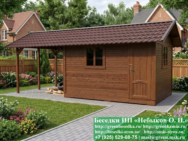 Деревянная бытовка с навесом для дачи 3х7 купить цены, фото Москва