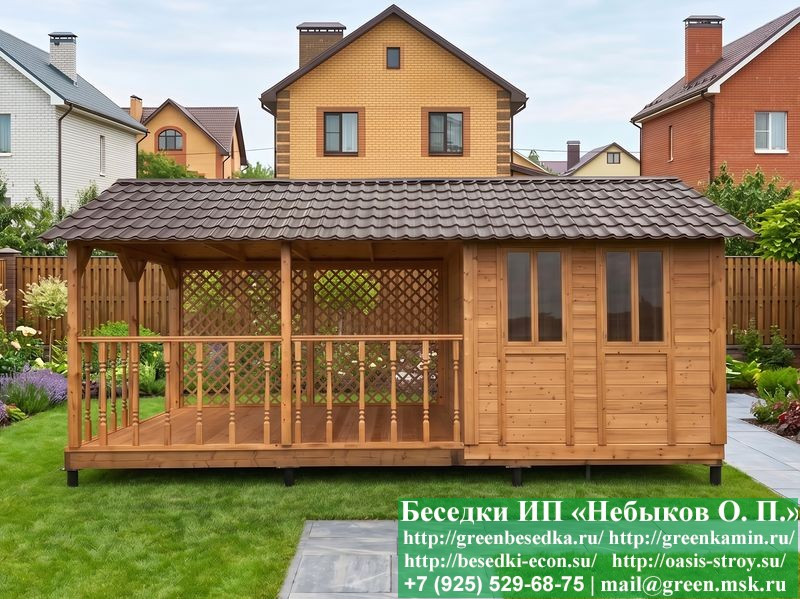 Деревянная бытовка с навесом для дачи 3х7 купить цены, фото Москва